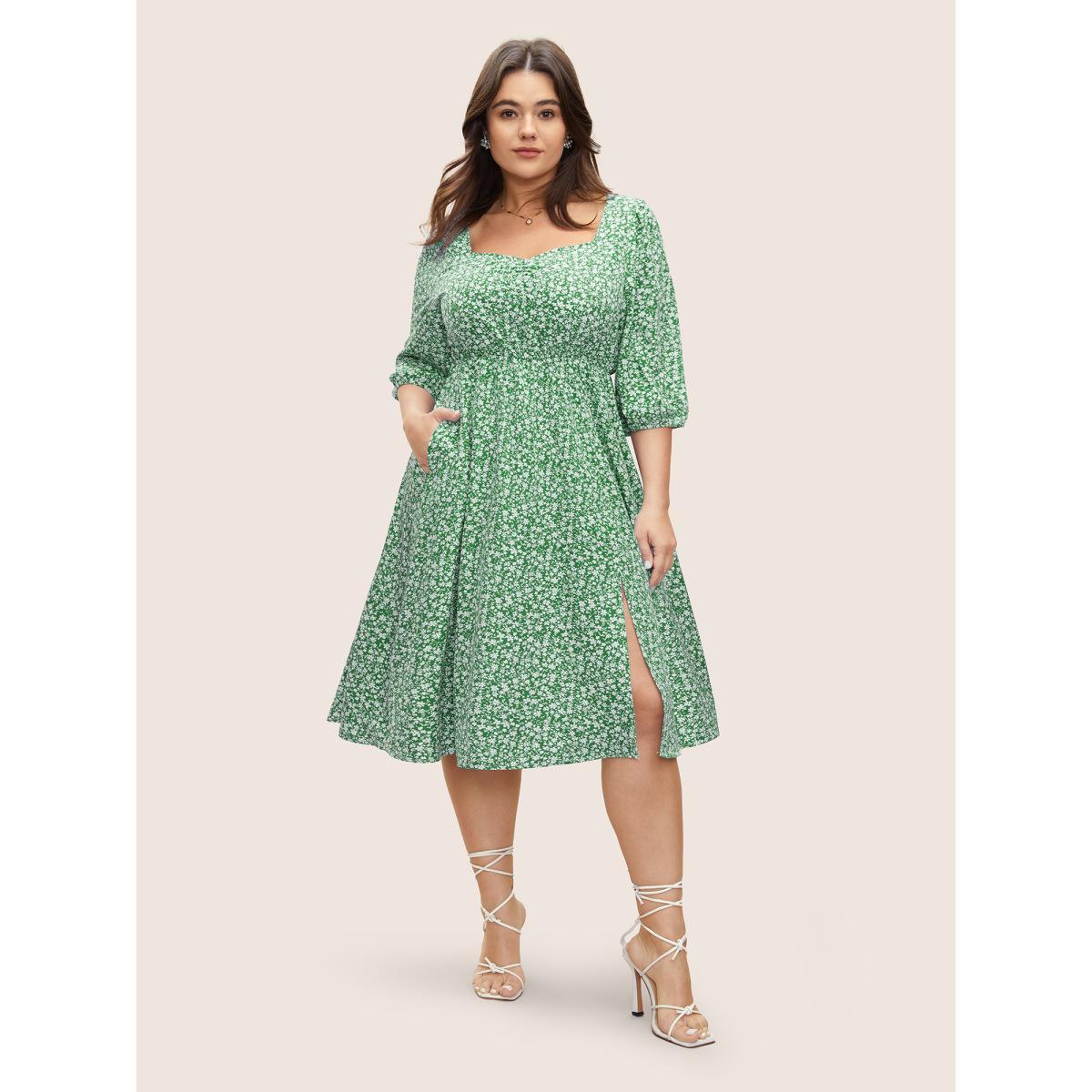 Plus Size Ditsy Floral Print Square Neck Split Hem Dress Emerald Women Elegant Non Square Neck Elbow-length sleeve Curvy Midi Dress BloomChic 12/L Product Image