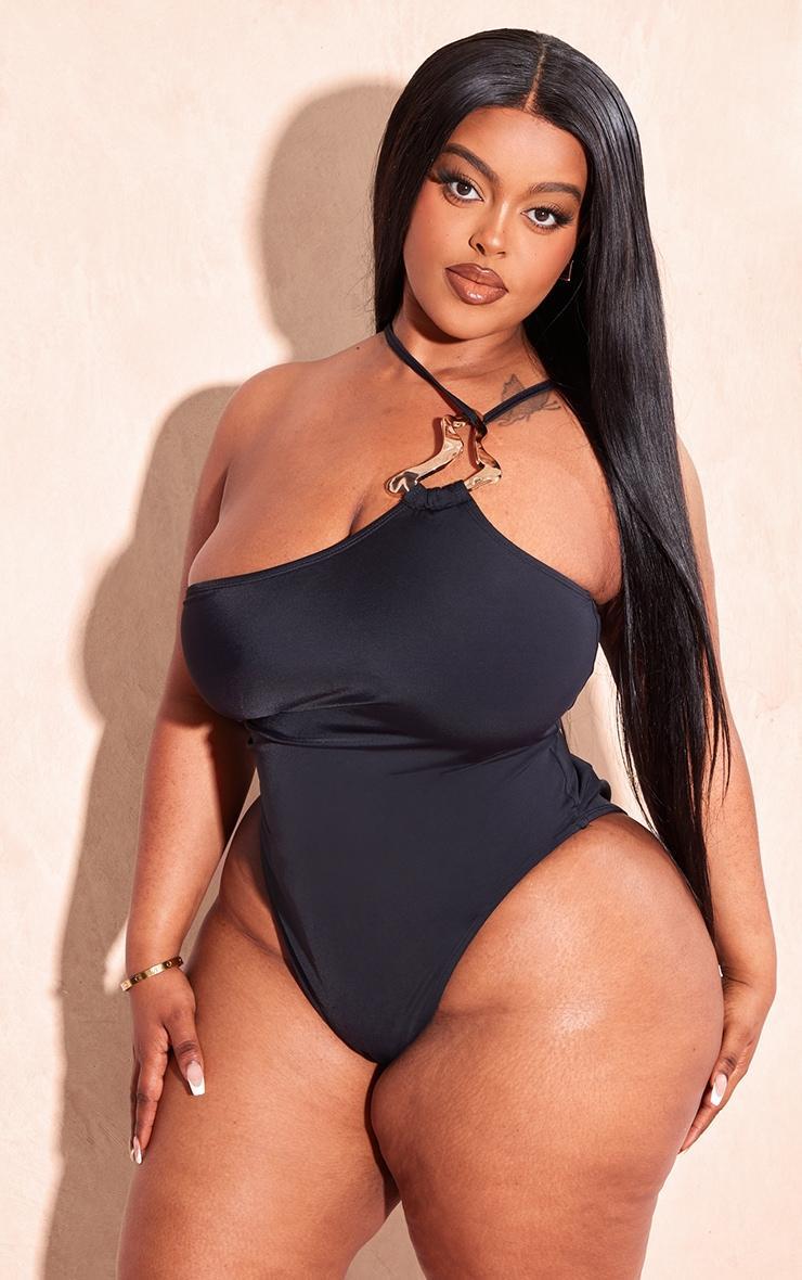 Plus Black Gold Trim Asymmetric Swimsuit Product Image