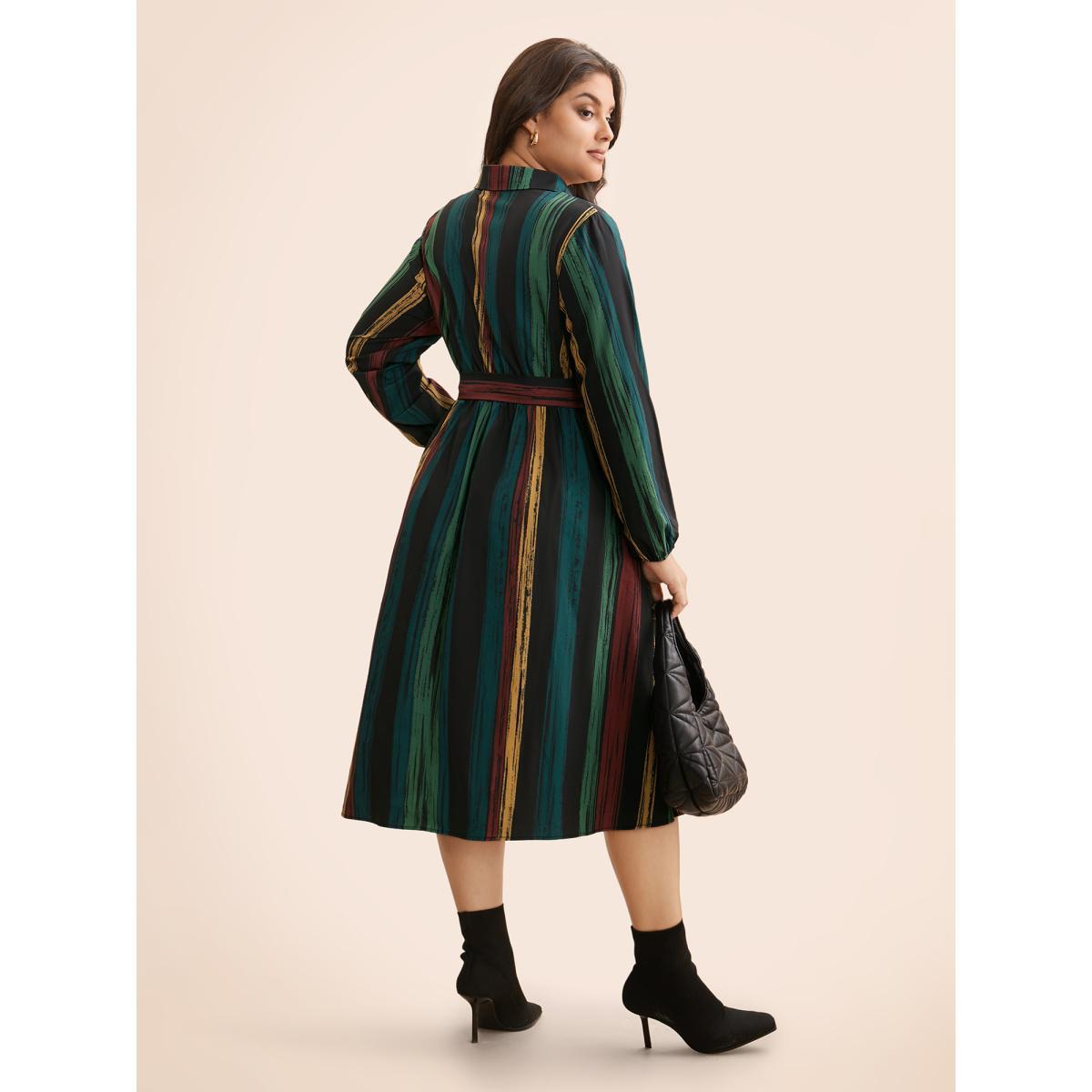 Plus Size Colored Striped Belted Lantern Sleeve Dress Multicolor Women At the Office Belted Knit Dresses Bloomchic 18-20/2X Product Image