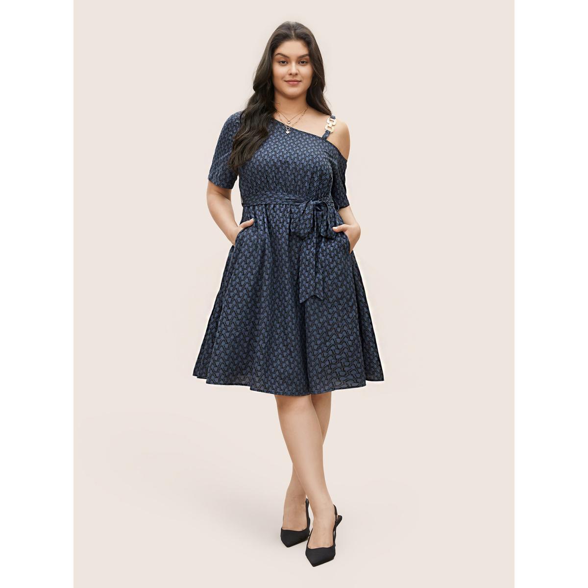 Plus Size Geometric Metal Chain Detail Belted Dress SlateGray Women At the Office Non Non Short sleeve Curvy Knee Dress BloomChic 26/4X Product Image