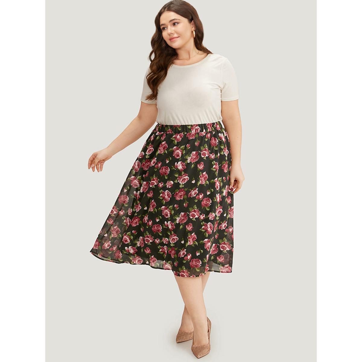 Plus Size Floral Print Mesh Elastic Waist Skirt Women Black Elegant Lined No stretch Dailywear Skirts BloomChic 22-24/3X Product Image