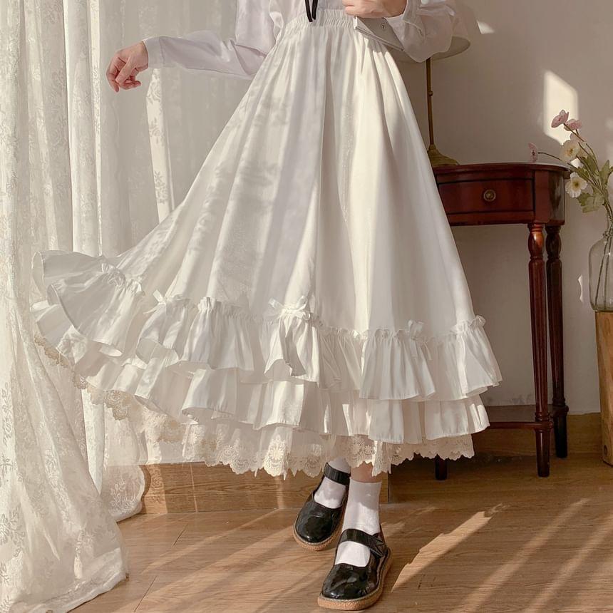High Waist Plain Lace Ruffle Midi A-Line Skirt / Petticoat Product Image