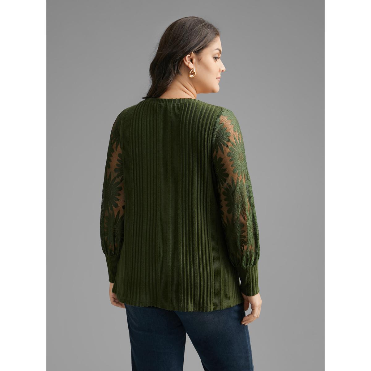 Plus Size Texture Lace Patchwork Mesh T-shirt DarkGreen Women Elegant Texture Round Neck Everyday T-shirts BloomChic 26/4X Product Image