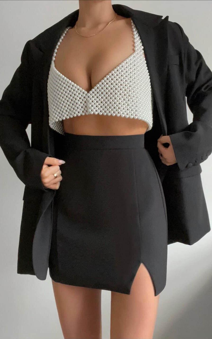 Evelenna Mini Skirt - High Waisted Split Skirt in Black Product Image