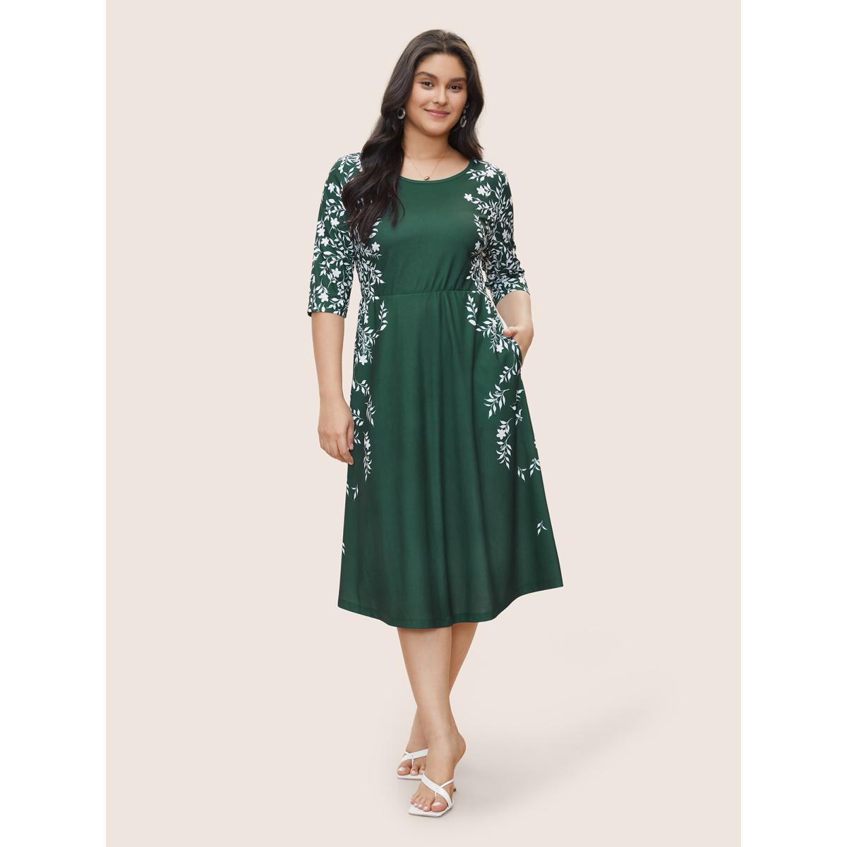 Plus Size Silhouette Floral Print Pocket Elastic Waist Dress Green Women Elegant Non Round Neck Elbow-length sleeve Curvy Midi Dress BloomChic 12/L Product Image