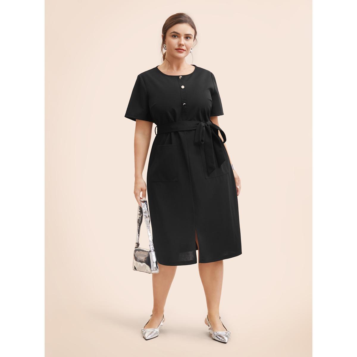 Plus Size Crew Neck Metal Button Detail Belted Dress Black Women At the Office Belted Round Neck Short sleeve Curvy BloomChic 14-16/1X Product Image