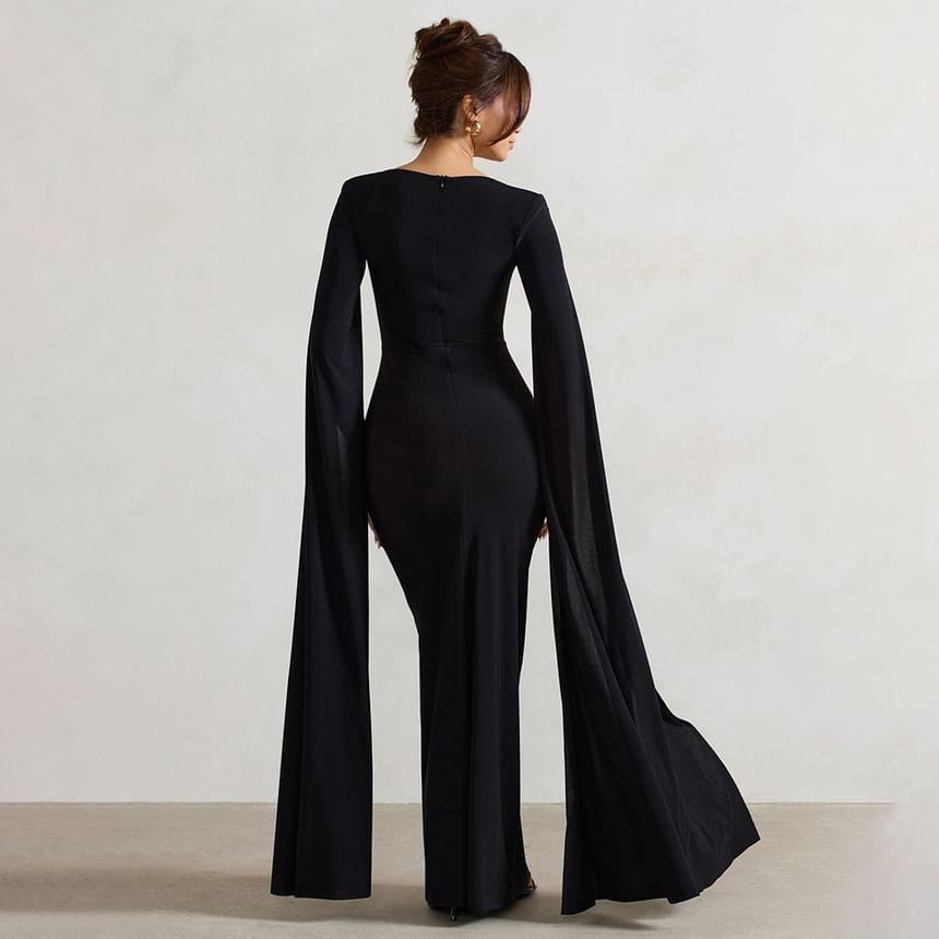 Slit-Sleeve Plain Maxi A-Line Dress Product Image