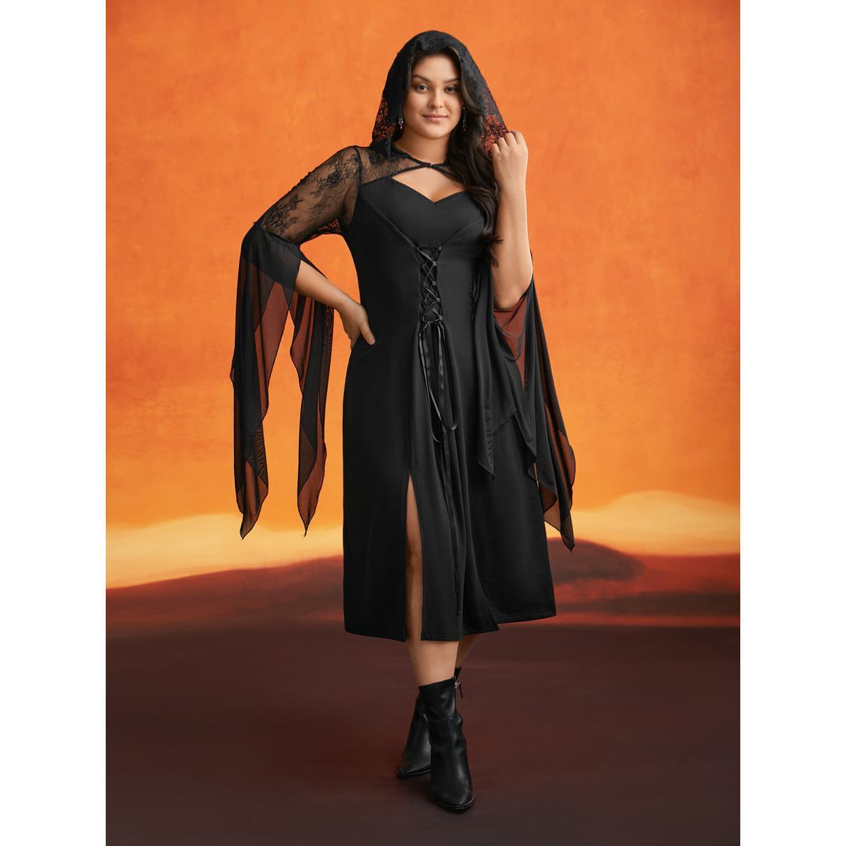 Plus Size Dark Spell Veiled Lace Midi Dress Black Women Cocktail Wraparound straps Round Neck Extra Long Sleeve Curvy BloomChic 28/5X Product Image