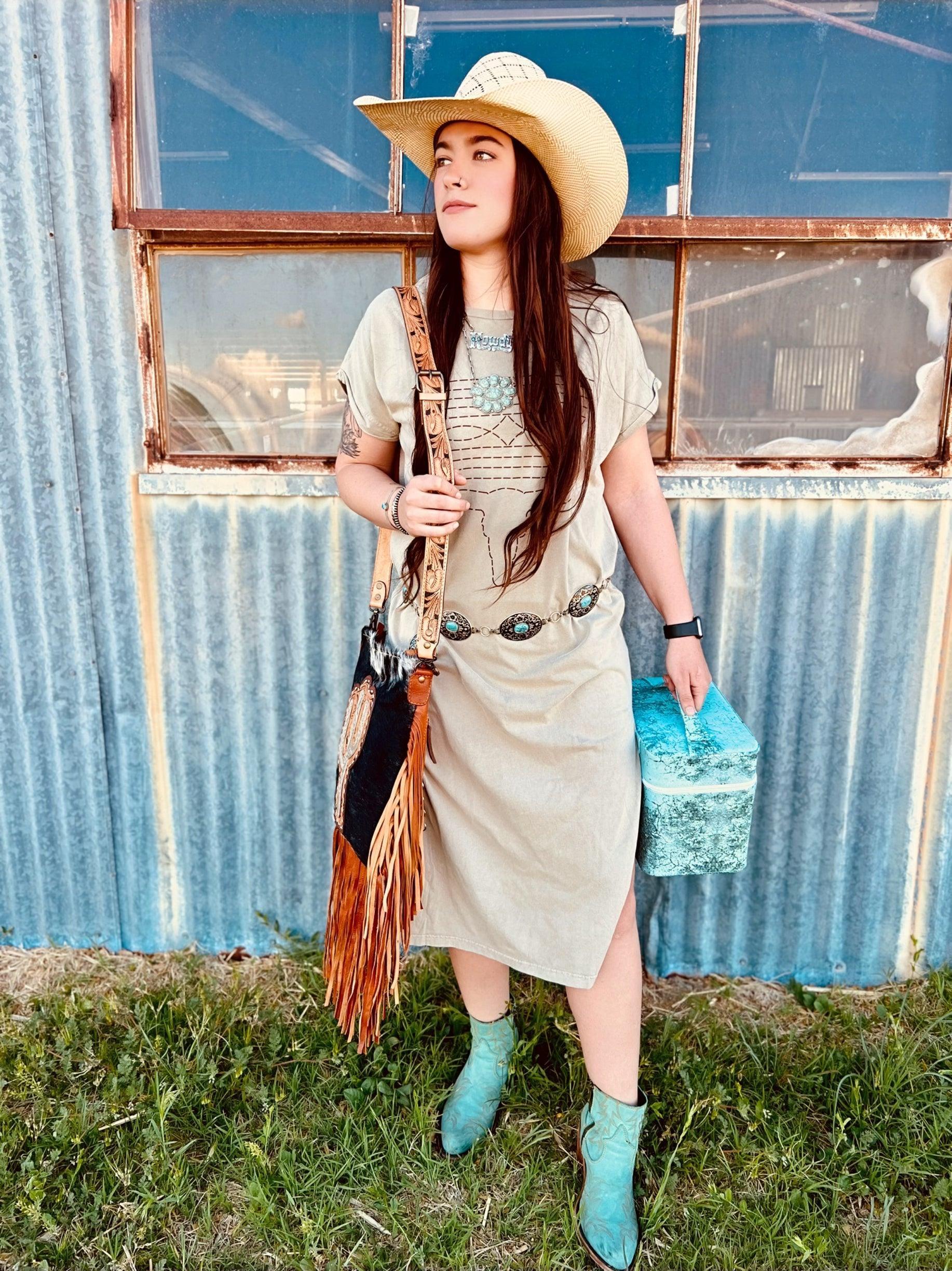Boot Stitch T-shirt Slit to the Hip Tan Dress Product Image