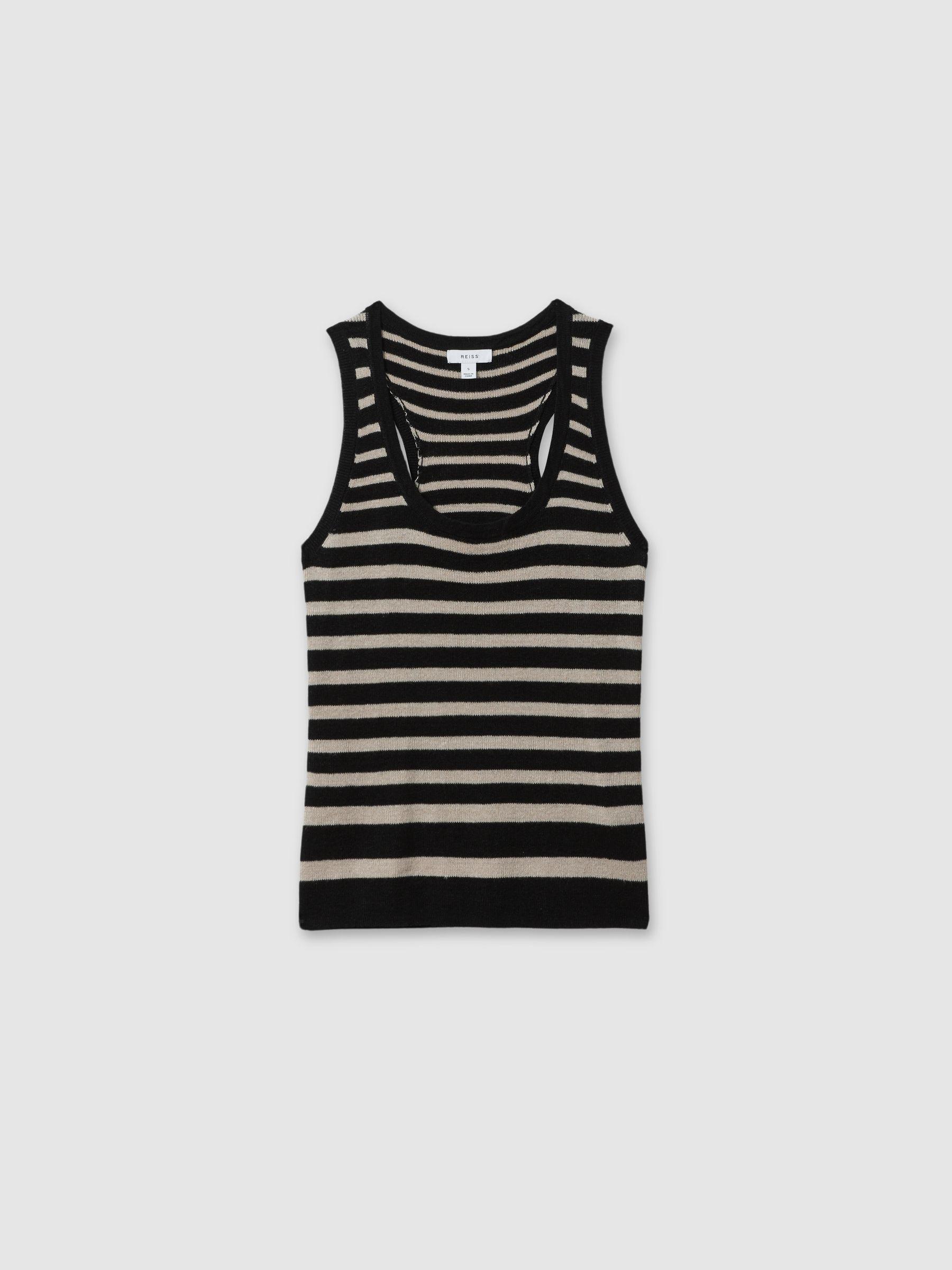 Linen-Wool Striped Knitted Vest in Black/Camel Product Image