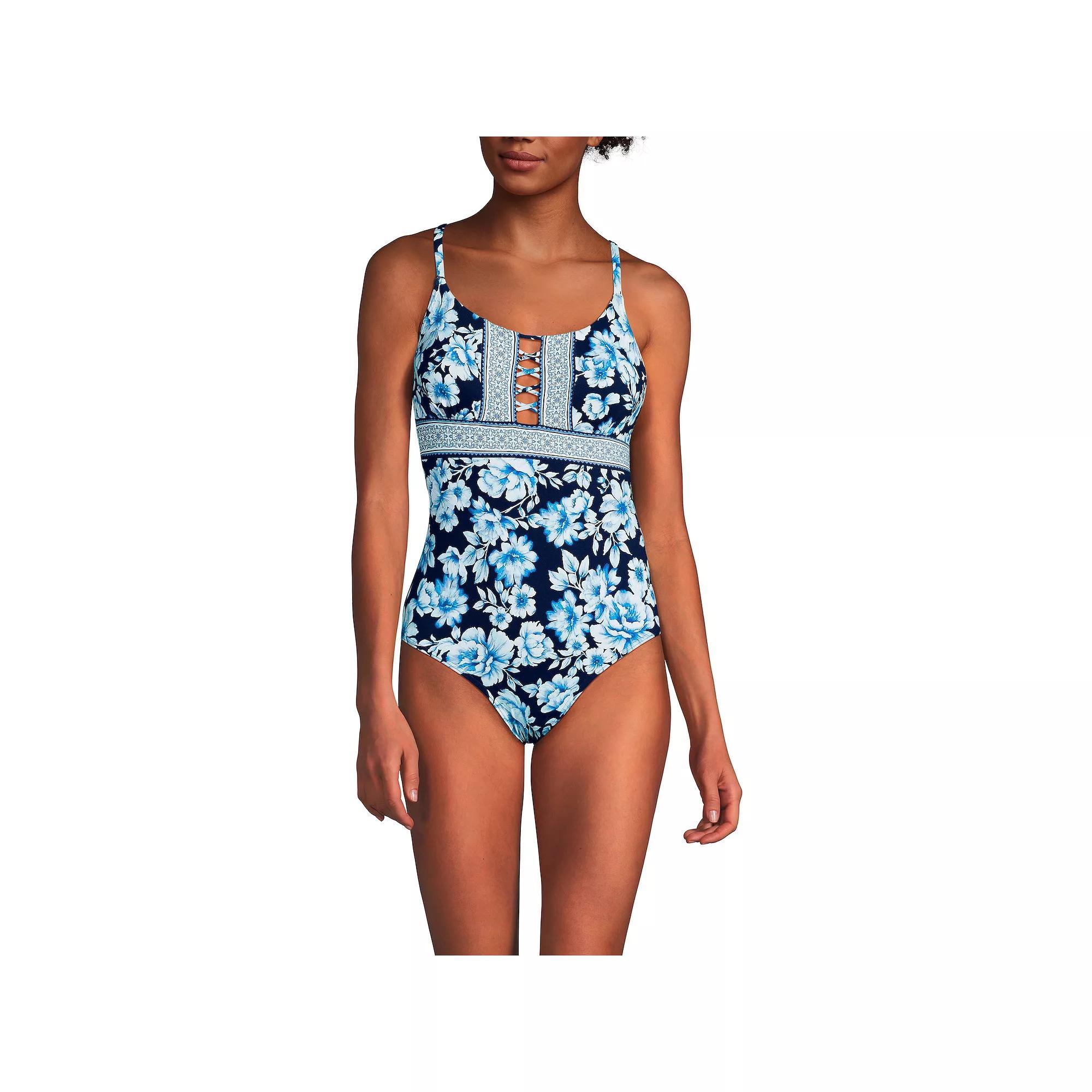 Women's Lands' End Front Lace-Up Scoopneck One-Piece Swimsuit, Size: 10, Deep  Blue Floral Product Image