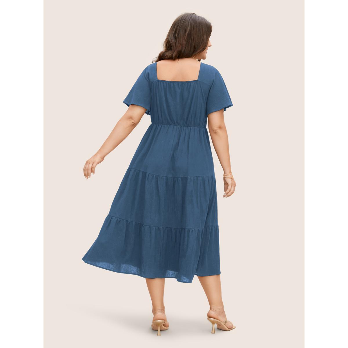 Plus Size Cotton Heart Neckline Drawstring Gathered Midi Dress Mediumblue Women Elegant Gathered Heart neckline Short sleeve Curvy BloomChic 22-24/3X Product Image