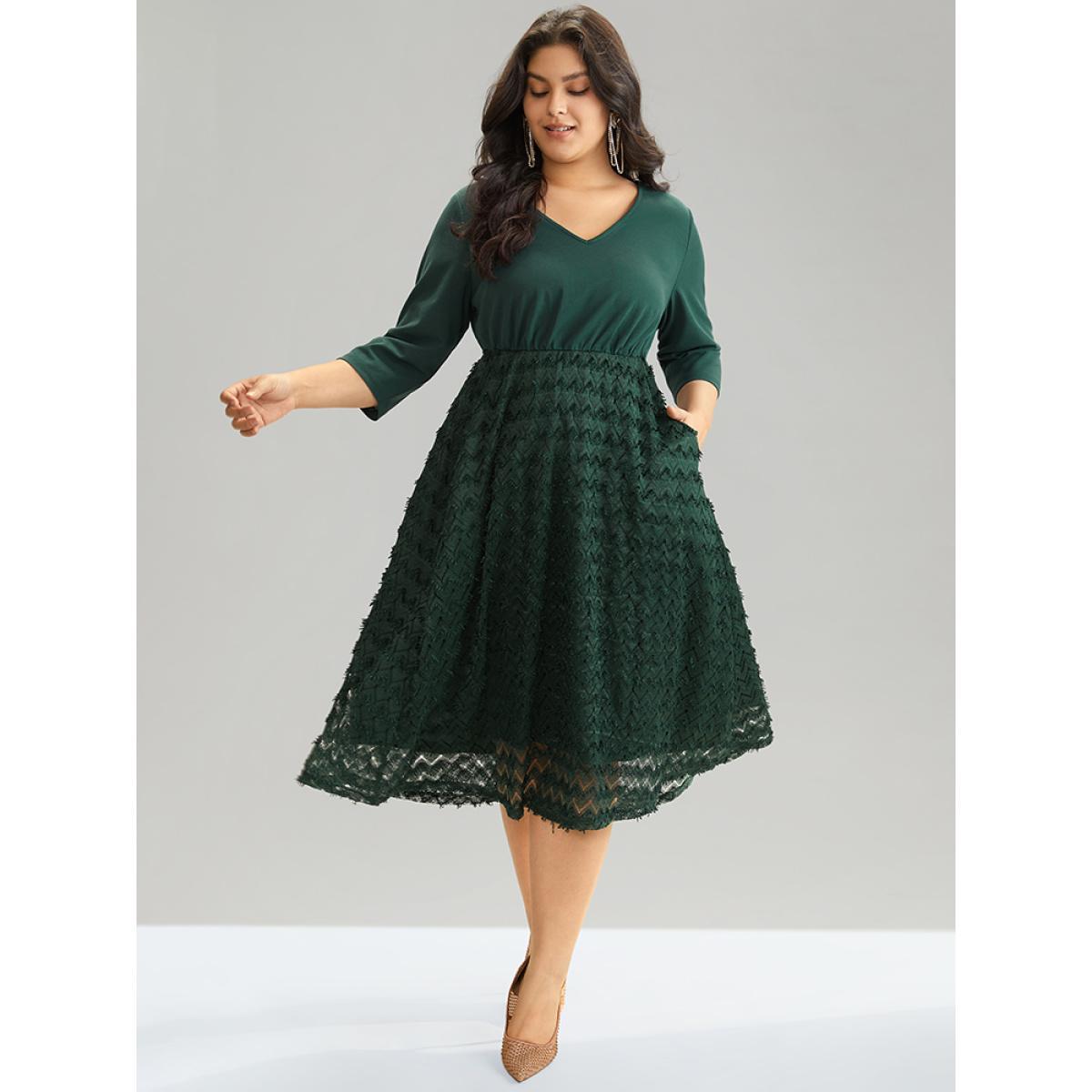 Plus Size Plain Texture Mesh Patchwork Elastic Waist Dress DarkGreen Women Glamour Texture V-neck Elbow-length sleeve Curvy Midi Dress BloomChic 22-24/3X Product Image