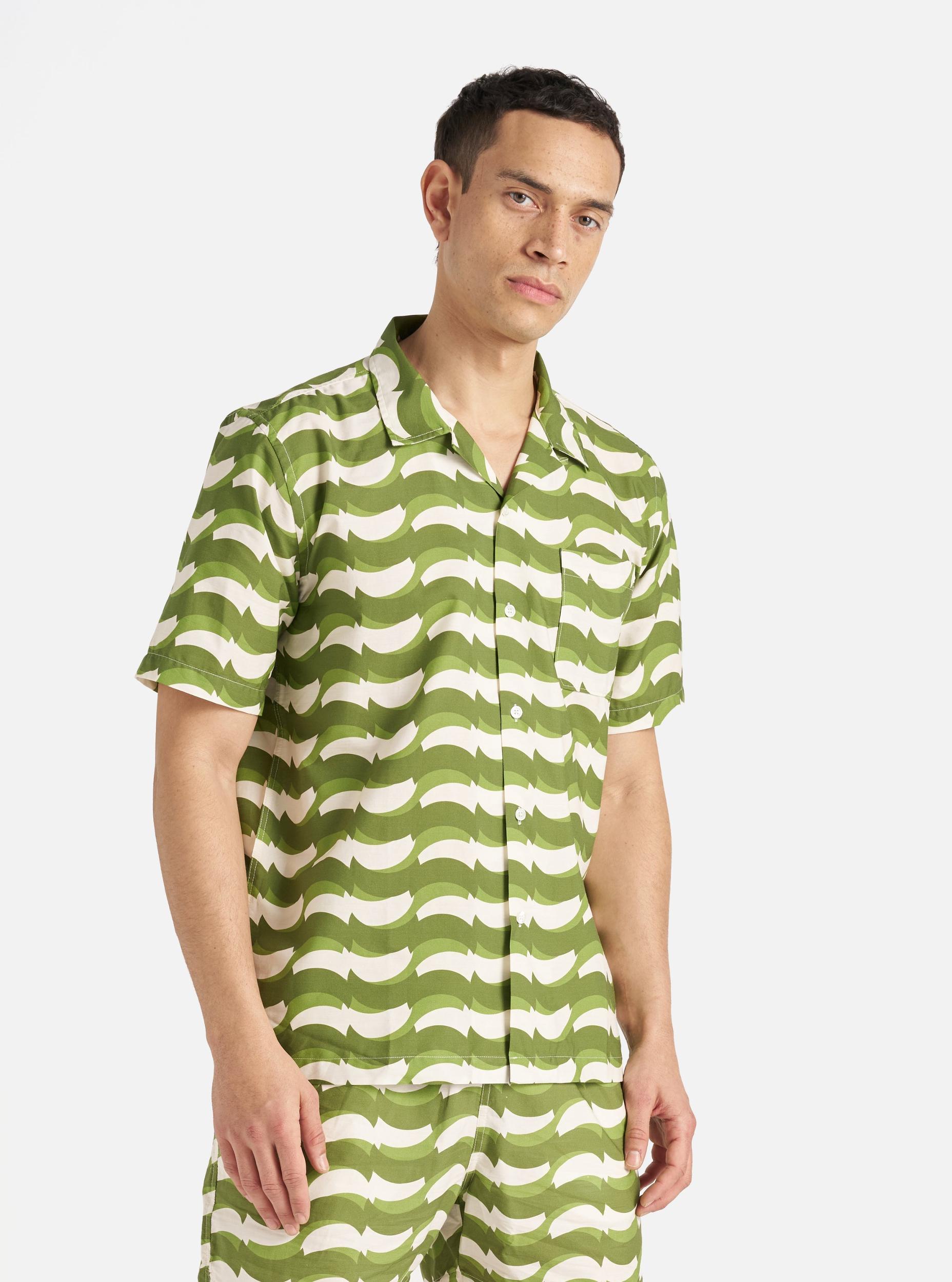 Green Geo Wave Print Cotton Road Shirt Product Image