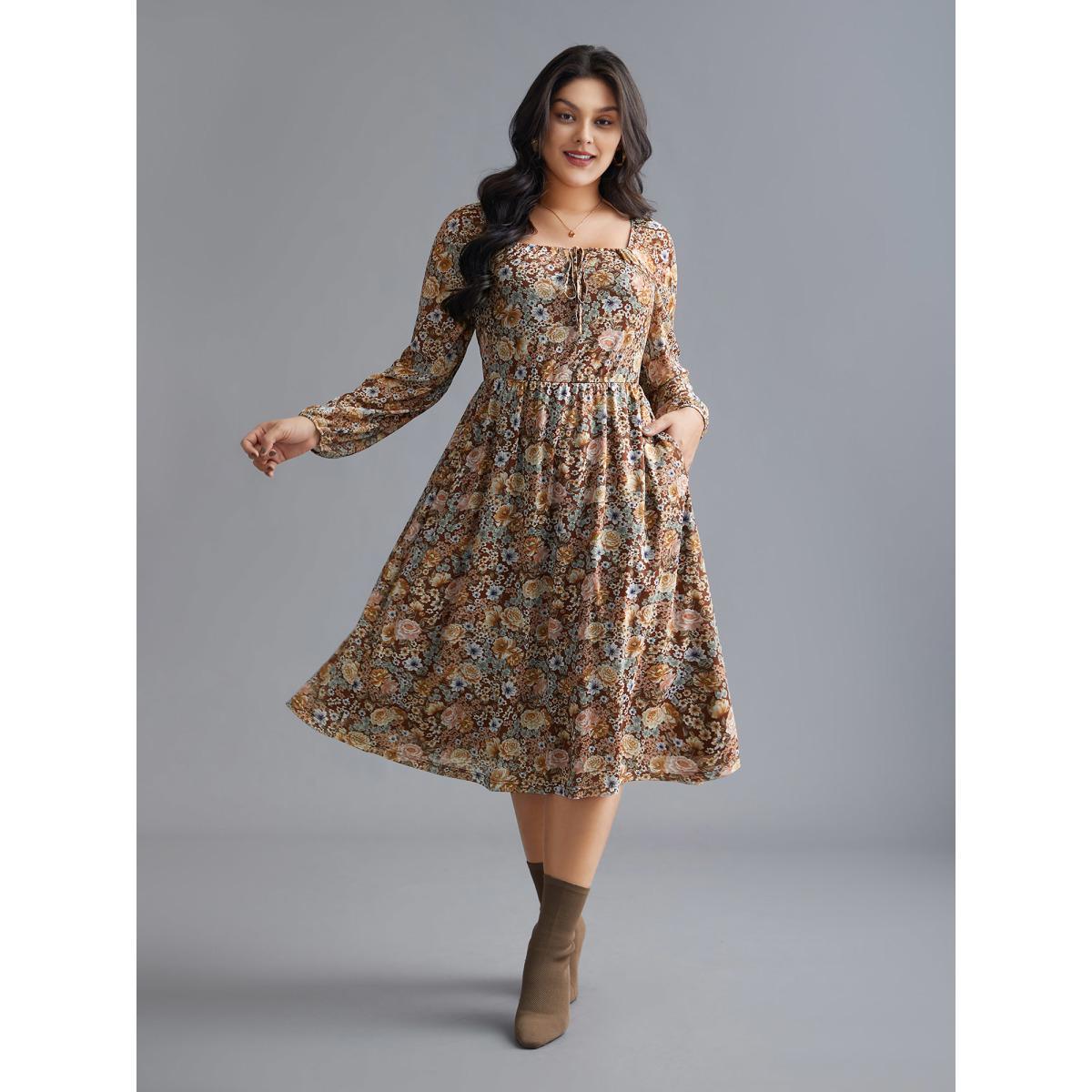 Plus Size Square Neck Floral Ties Midi Dress Browncoffeecolor Women Elegant Tie knot Knit Dresses Bloomchic 12/L Product Image
