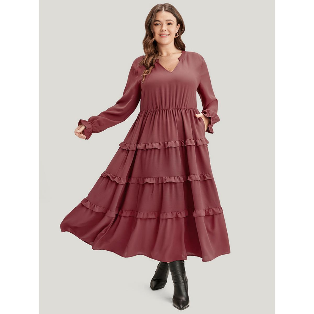 Plus Size Solid Lantern Sleeve Pocket Ruffle Hem Dress Russet Women Elegant V-neck Long Sleeve Curvy Long Dress BloomChic 22-24/3X Product Image