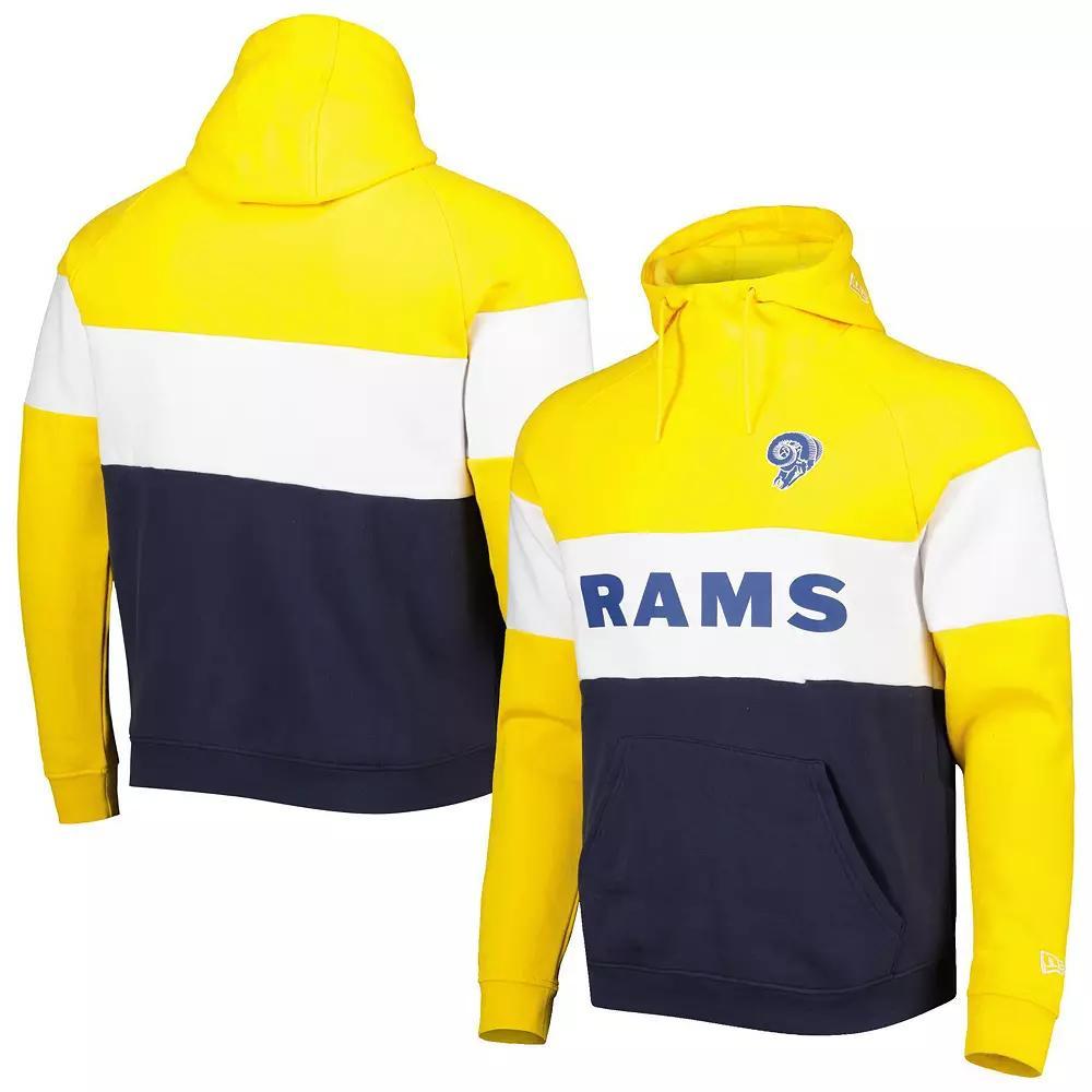 Men's New Era Navy/Gold Los Angeles Rams Colorblock Throwback Pullover Hoodie, Size: Large, Blue Product Image