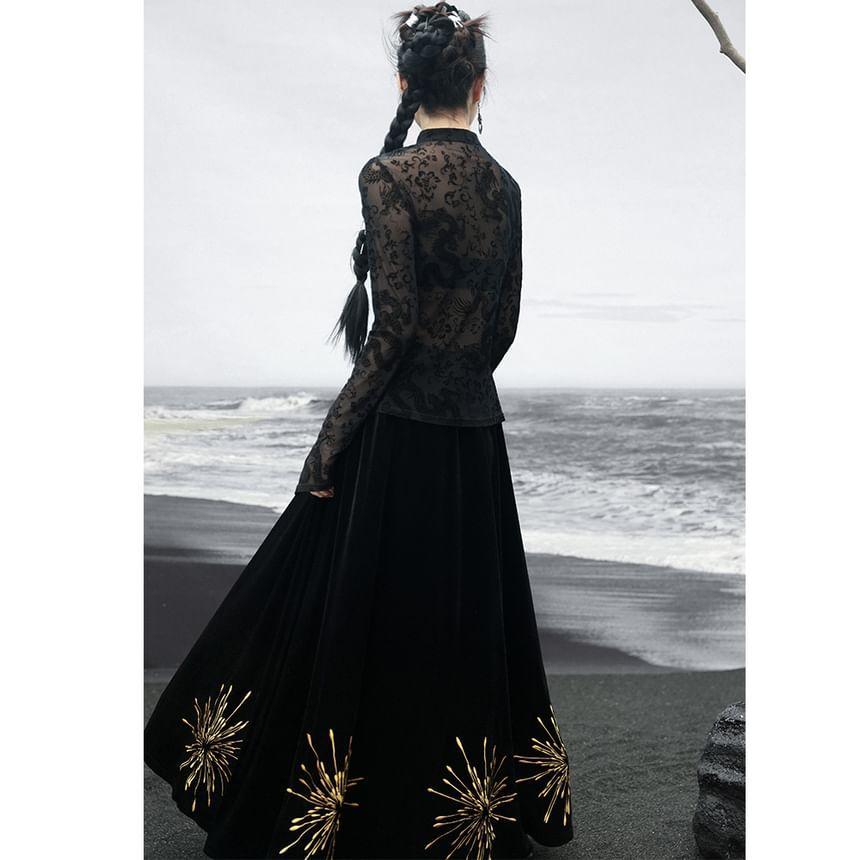 High Rise Flower Embroidered Maxi A-Line Skirt Product Image