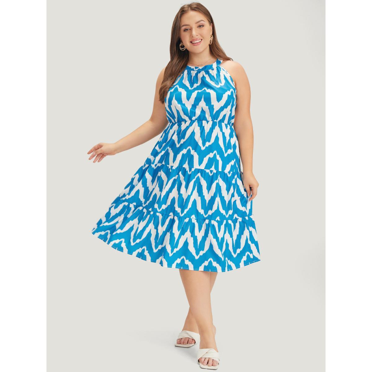 Plus Size Geometric Print Halter Pocket Ruffle Tiered Dress Blue Women Elegant Contrast Halter neck Sleeveless Curvy Midi Dress BloomChic 30/6X Product Image