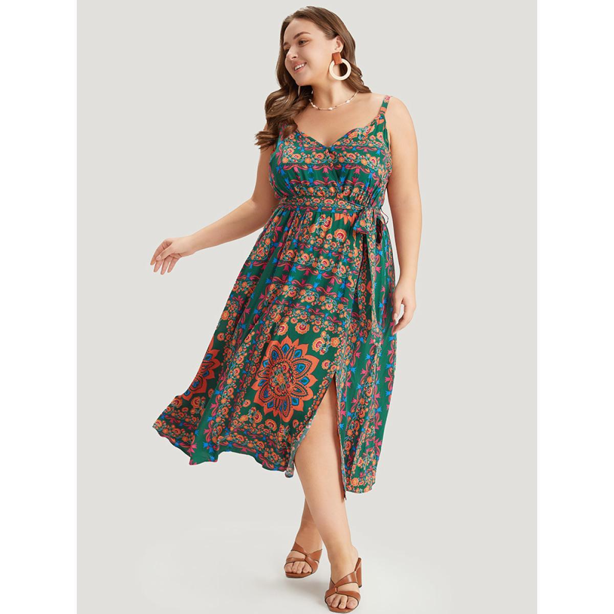 Plus Size Boho Print Belted Split Hem Pocket Cami Dress DarkGreen Women Vacation Gathered V-neck Sleeveless Curvy Midi Dress BloomChic 30/6X Product Image