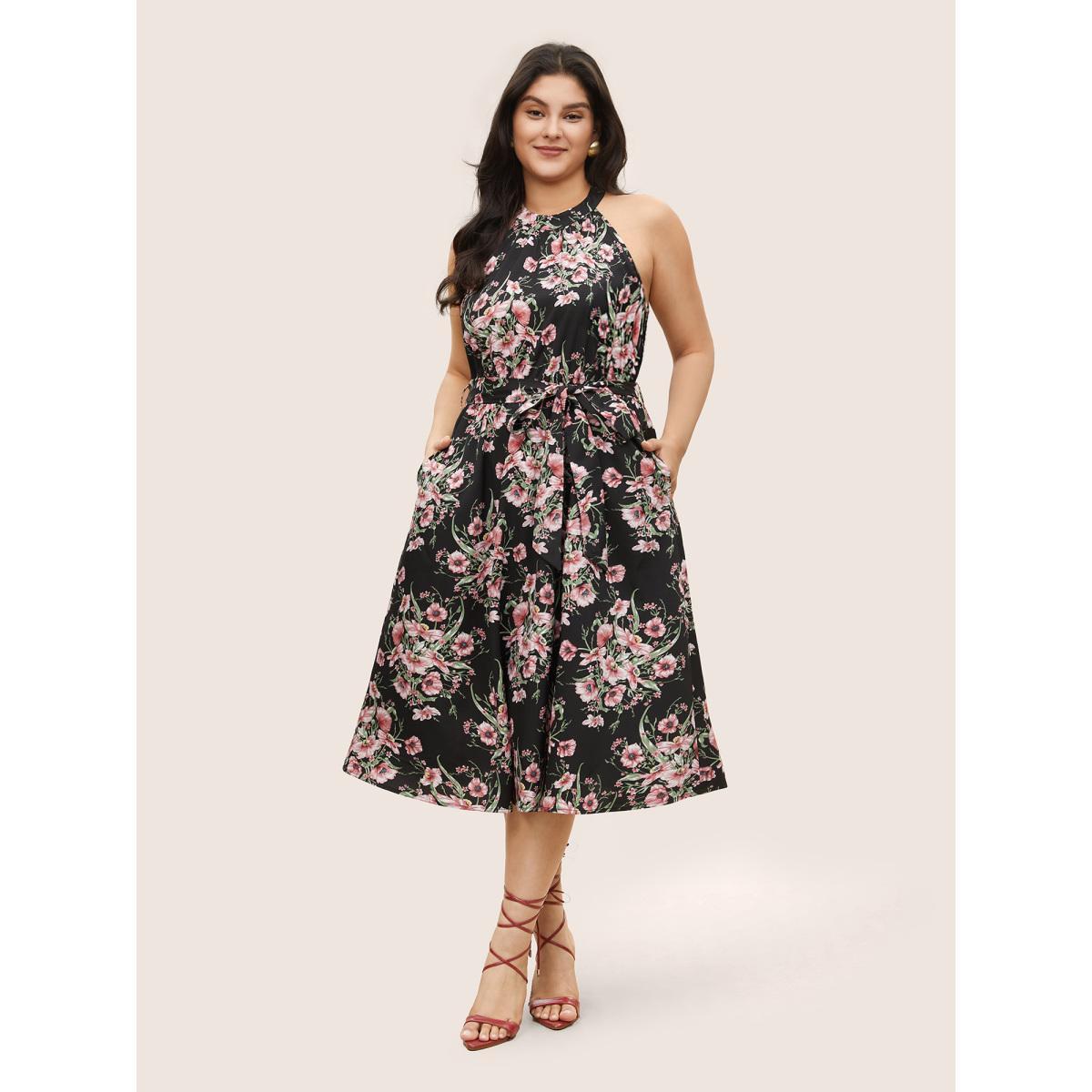 Plus Size Floral Print Halter Elastic Waist Belted Dress Black Women Elegant Non Halter neck Sleeveless Curvy Midi Dress BloomChic 22-24/3X Product Image