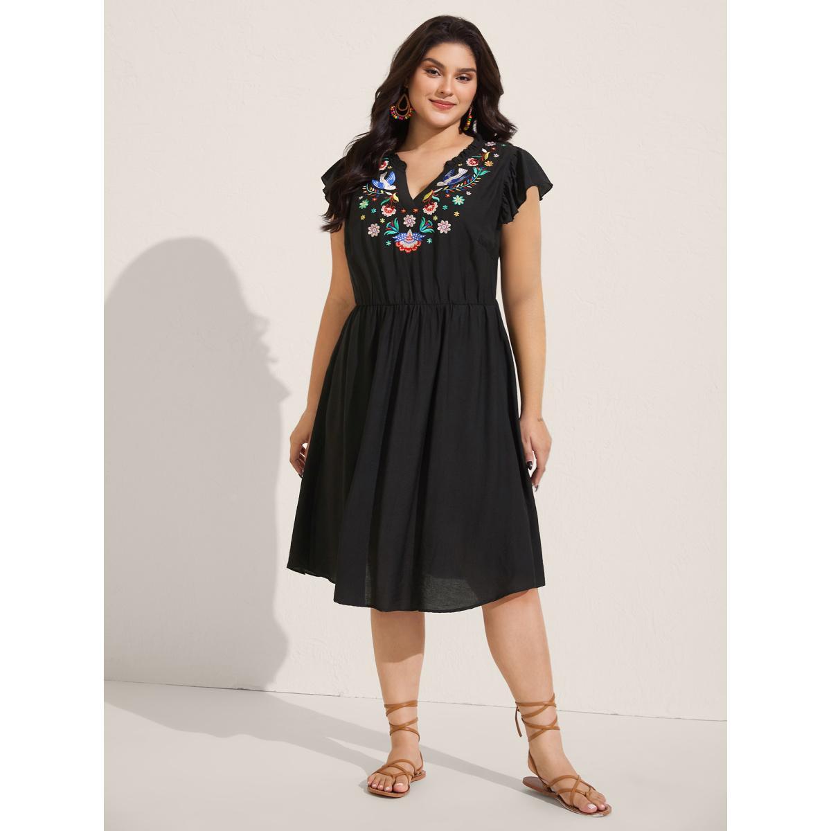 Plus Size Floral Embroidered Notched Collar Midi Dress Black Women Flat collar with V-notch Cap Sleeve Curvy BloomChic 30/6X Product Image