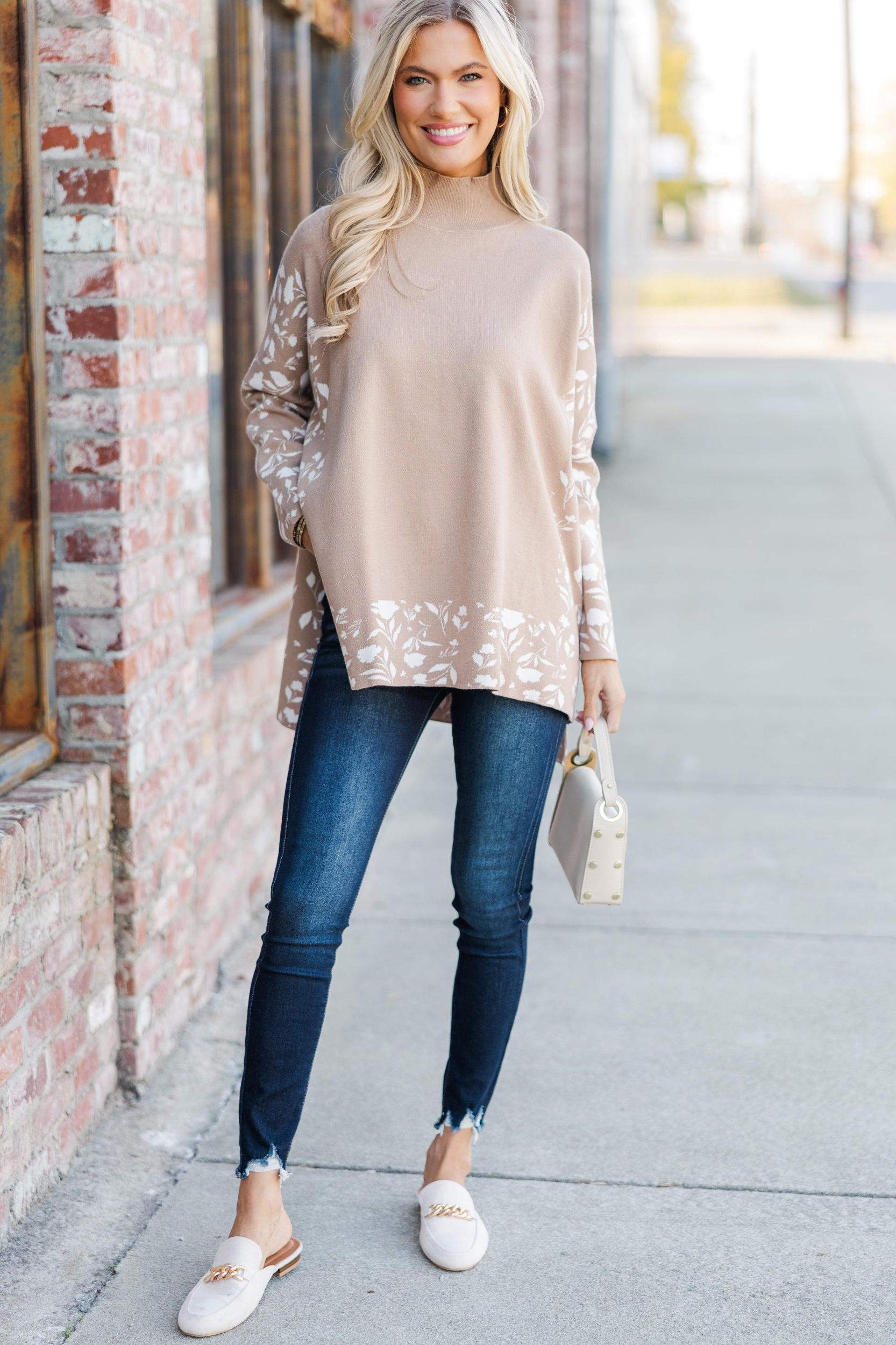 All In Theory Taupe Brown Floral Sweater Tunic Female Product Image