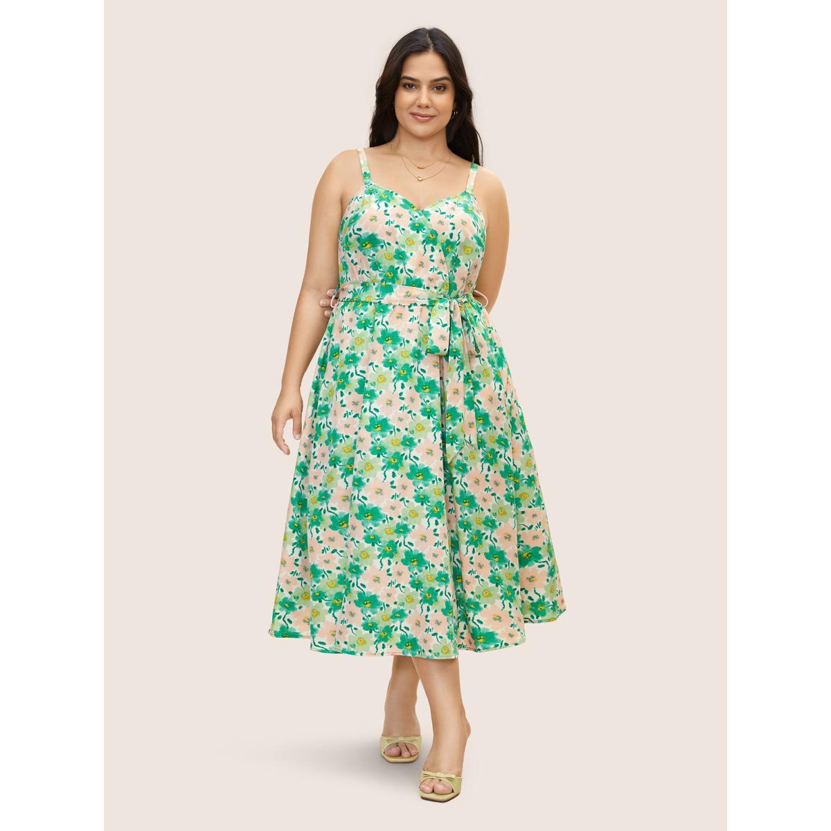 Plus Size Floral Surplice Neck Belted Midi Dress Applegreen Women Elegant Belted Non Sleeveless Curvy BloomChic 14-16/1X Product Image