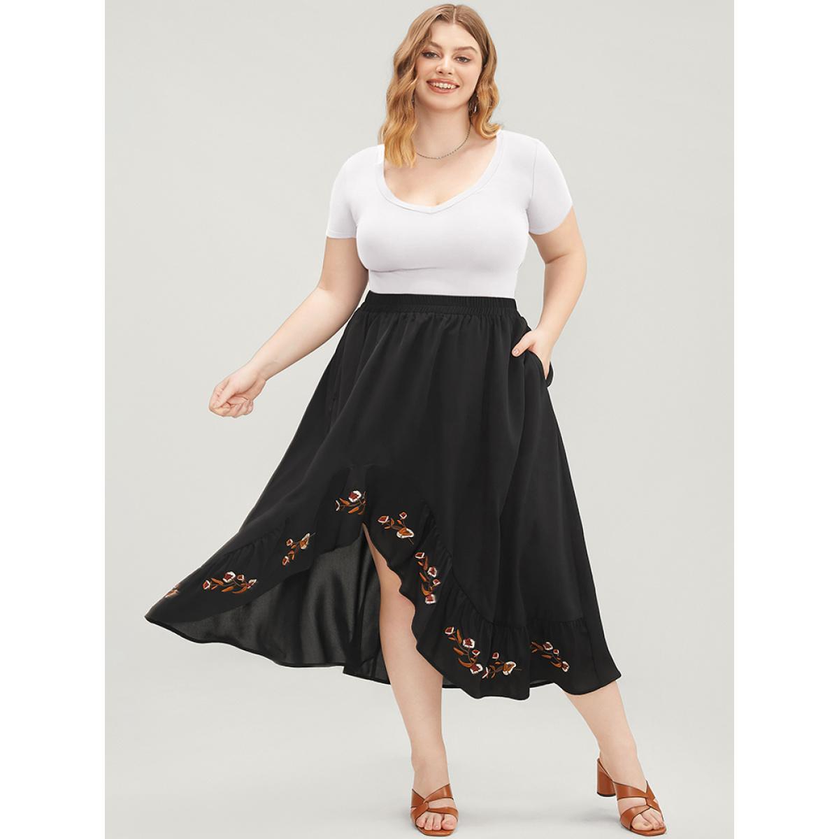 Plus Size Floral Embroidered Pocket Asymmetrical Hem Skirt Women Black Vacation Embroidered Loose No stretch Pocket Dailywear Skirts BloomChic 10/M Product Image