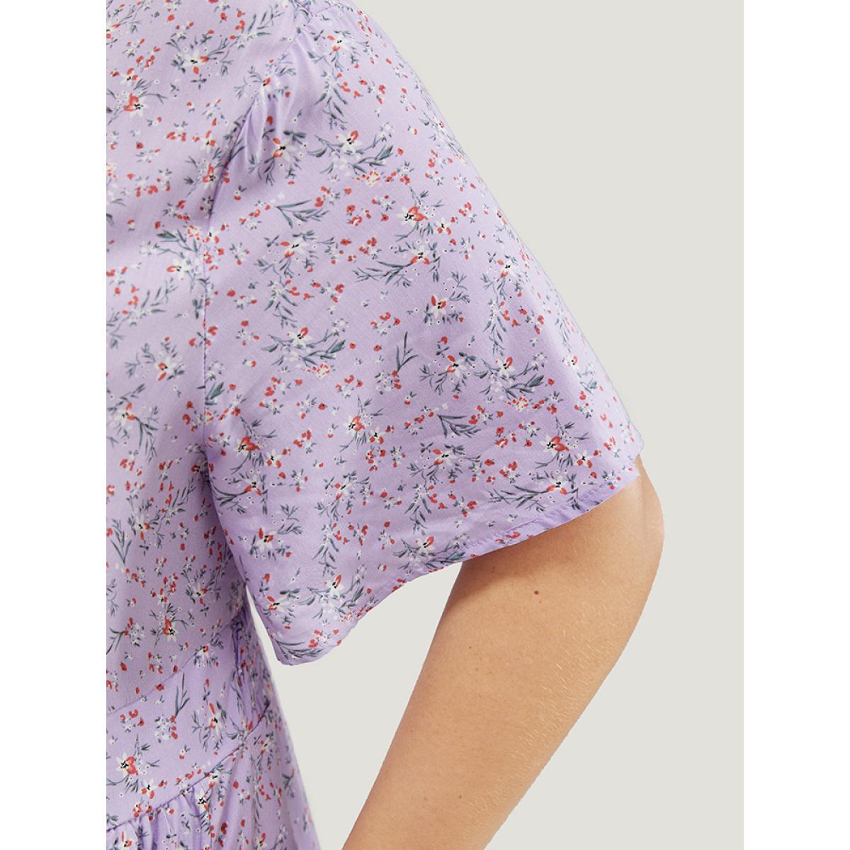 Plus Size Ditsy Floral Pocket Shirred Back Ruffle Trim Dress Lilac Women Elegant Gathered V-neck Short sleeve Curvy Midi Dress BloomChic 10/M Product Image
