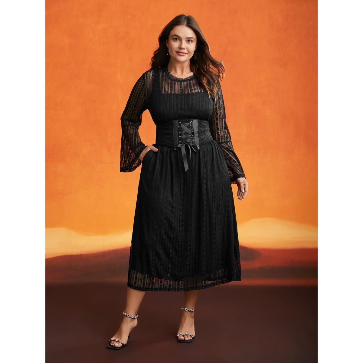 Plus Size Spellbound Halter Neck Sheer Midi Dress Black Women Cocktail Woven ribbon&lace trim Party Curvy Bloomchic 12/L Product Image