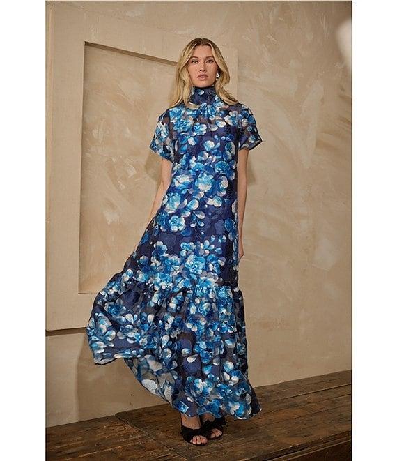 Sugarlips Abay Floral Dime Organza Mock Neck Bow Back Short Sleeve Maxi Dress Product Image