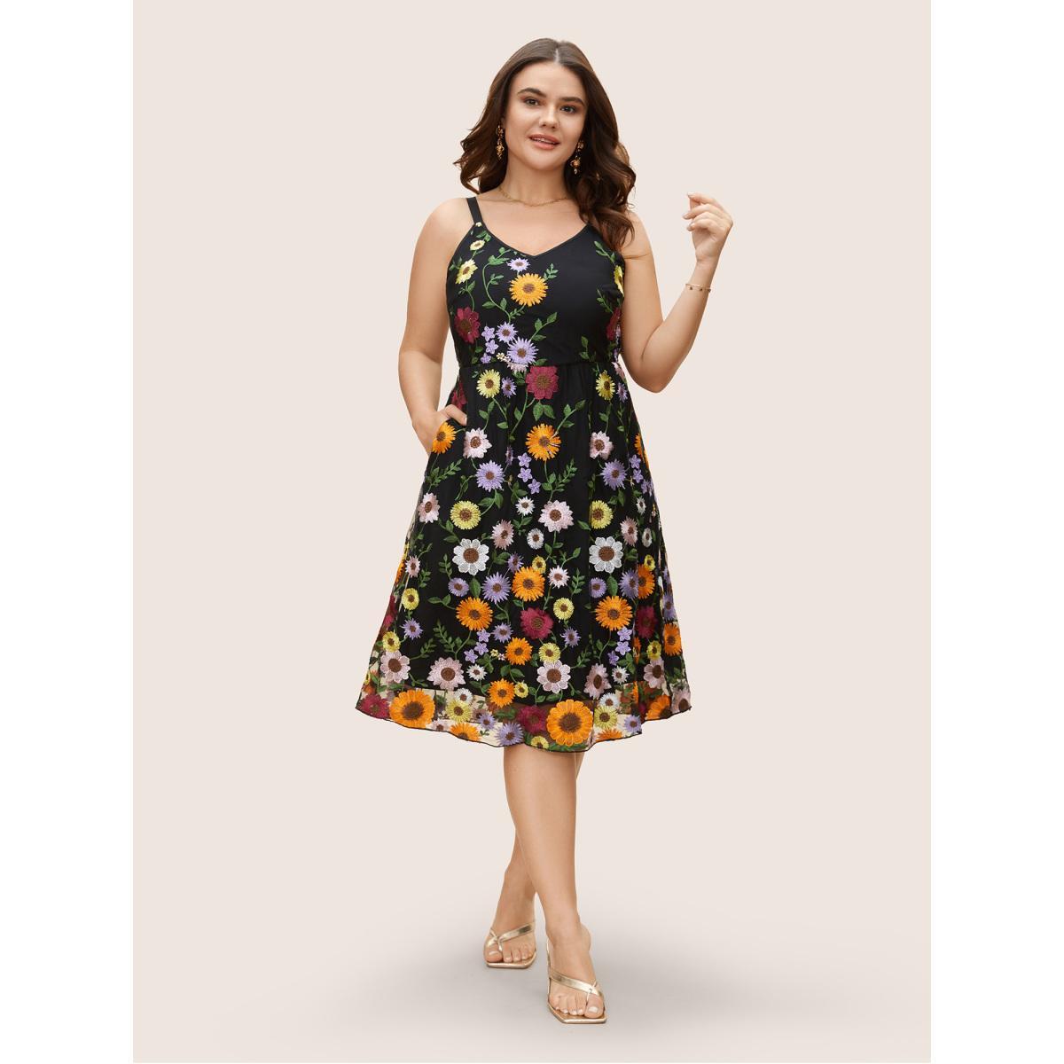 Plus Size V Neck Floral Embroidered Mesh Cami Dress Black Women Formal Embroidered V-neck Sleeveless Curvy BloomChic 18-20/2X Product Image