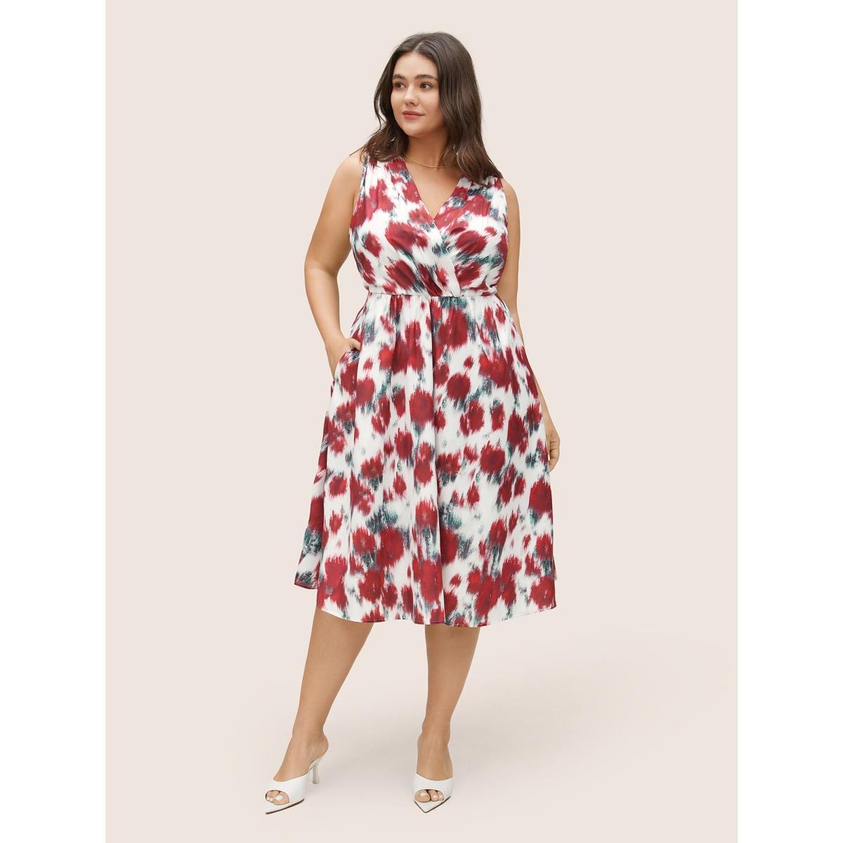 Plus Size Graphic Contrast Pocket Surplice Neck Tank Dress Multicolor Women Elegant Non Overlap Collar Sleeveless Curvy Midi Dress BloomChic 22-24/3X Product Image