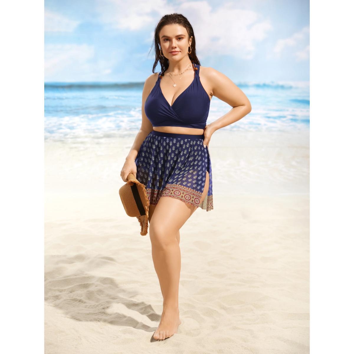 Plus Size Bandana Tie Knot Slit Hem Swim Bottom Women's Swimwear Indigo Beach Tie knot High stretch Bodycon High Rise Curve Swim Bottoms BloomChic 14-16/1X Product Image