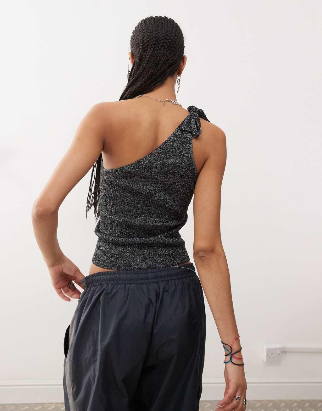COLLUSION shimmer knitted one shoulder top in black Product Image