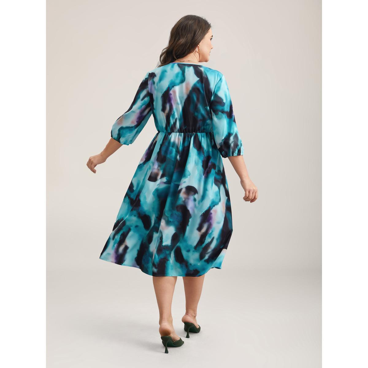 Plus Size Tie-Dye Placket V-Neck Midi Dress Arctic Women Elegant Button V-neck Elbow-length sleeve Curvy BloomChic 30/6X Product Image