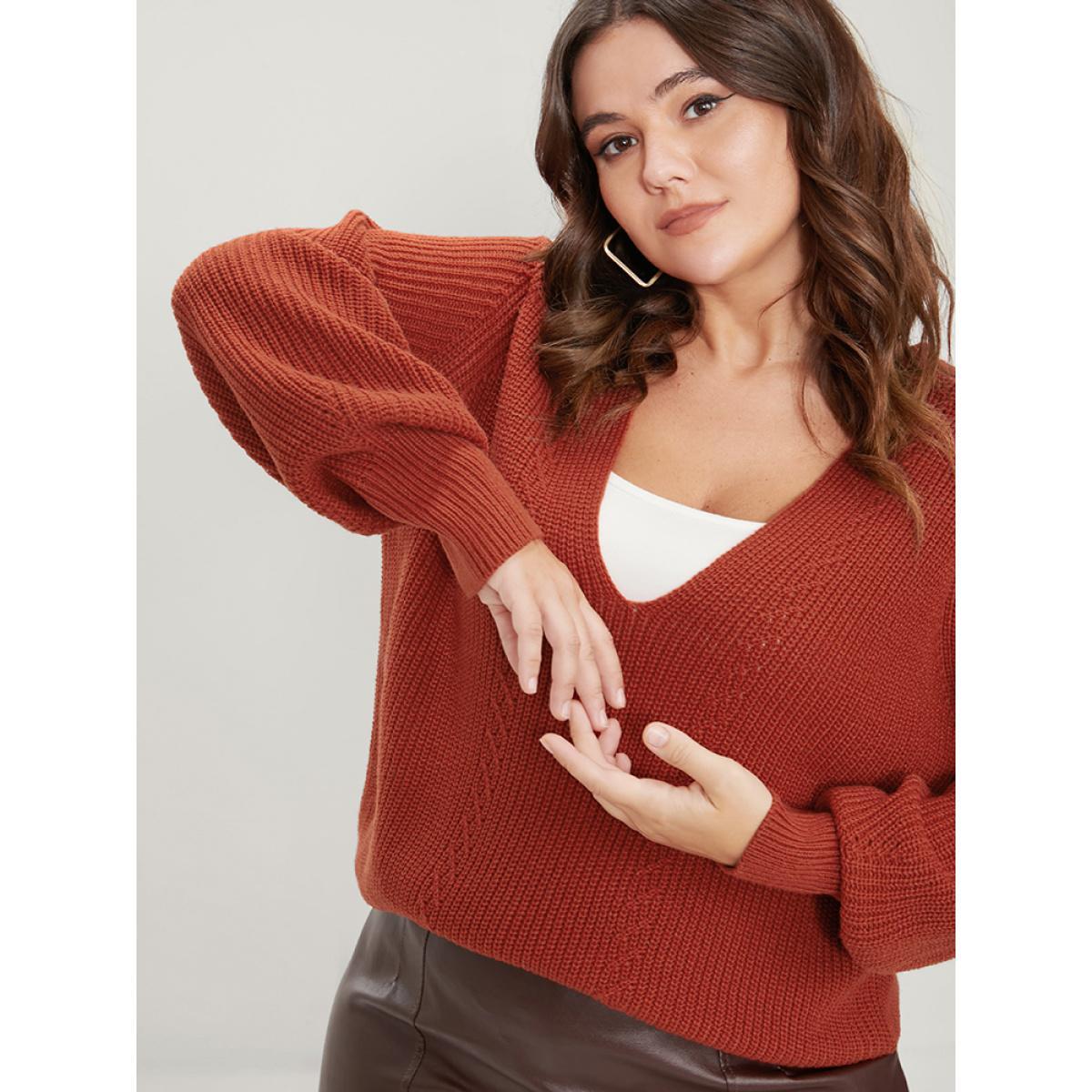 Plus Size Solid Pointelle Knit Deep V Neck Knit Top Coral Women Casual Long Sleeve Deep V-neck Dailywear Pullovers BloomChic 26/4X Product Image
