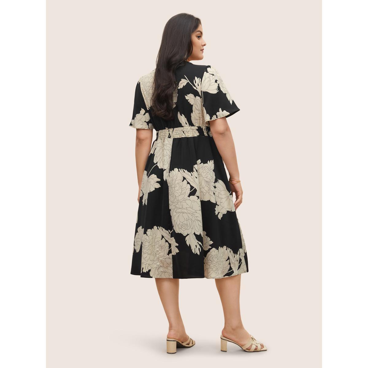 Plus Size Floral Print Notched Belted Flutter Sleeve Dress Black Women Elegant Non Notched collar Short sleeve Curvy Midi Dress BloomChic 18-20/2X Product Image
