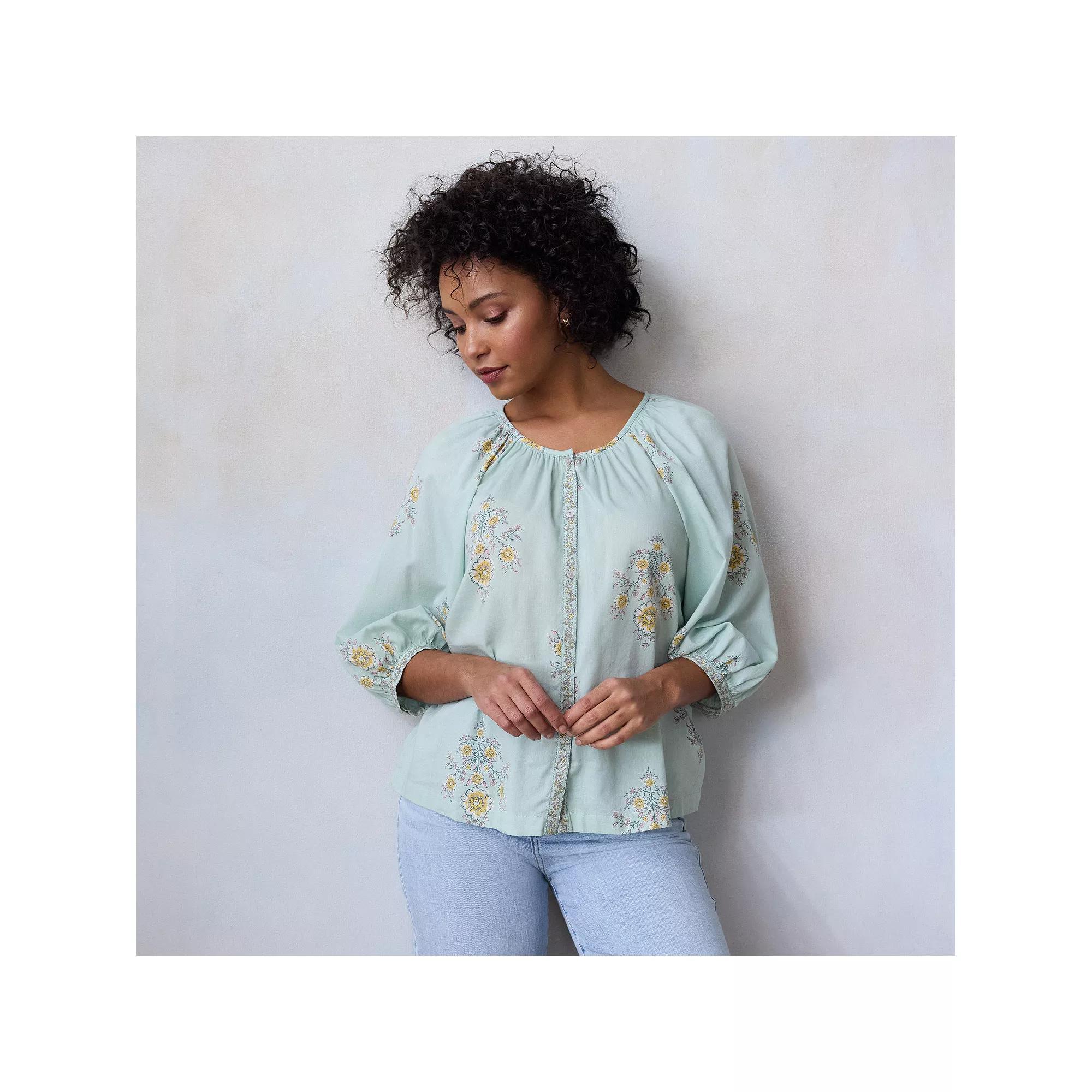 Petite LC Lauren Conrad Raglan Sleeve Button Front Top, Women's, Size: XXL Petite, Green Lexi Wallpaper Product Image
