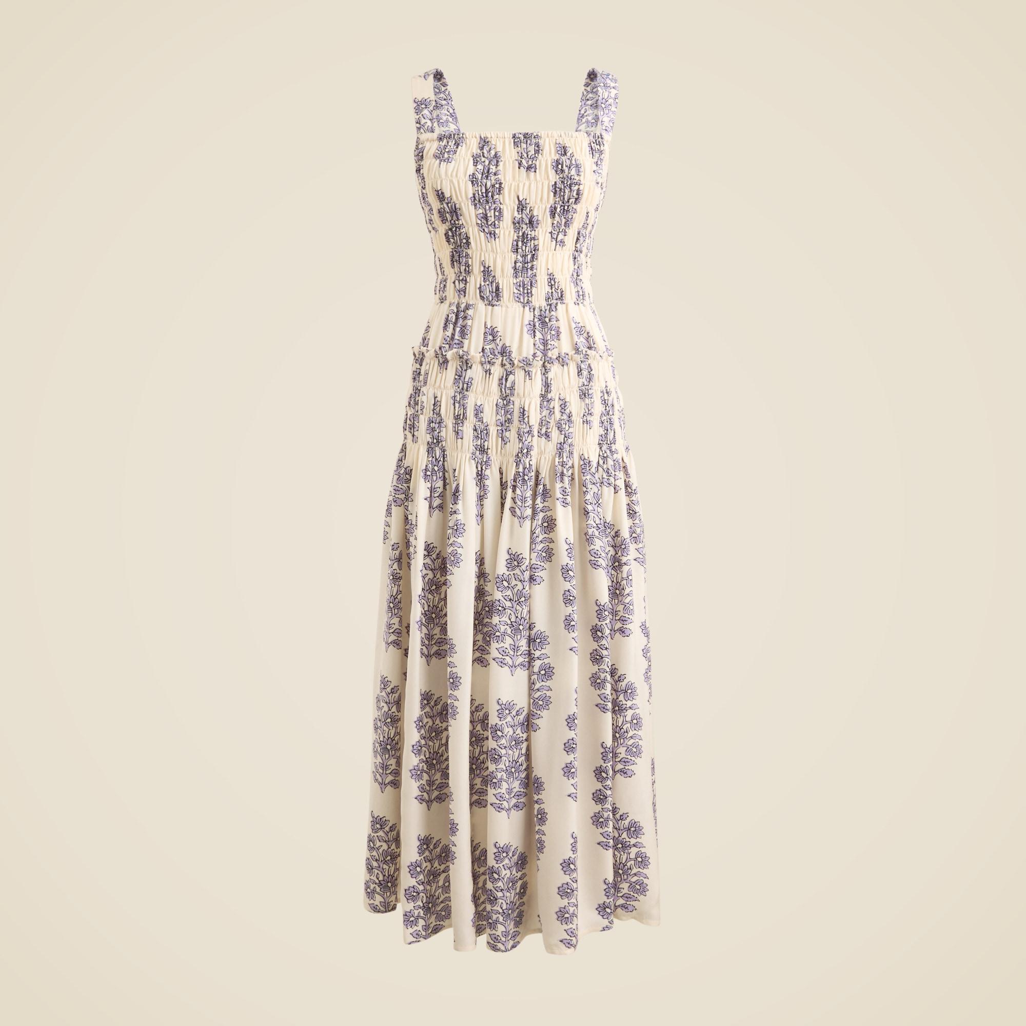 Smocked-bodice midi dress in blooming lilac block print Product Image