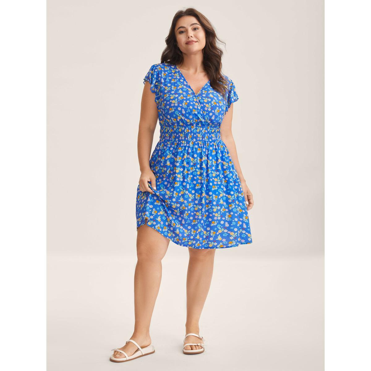 Plus Size Fruity Floral Stretchy Waist Midi Dress Skyblue Women Overlap Collar Cap Sleeve Curvy BloomChic 30/6X Product Image