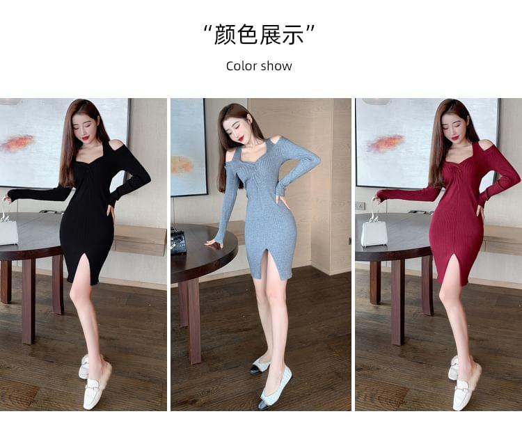 Long-Sleeve Cold Shoulder Halter Neck Knit Mini Dress Product Image