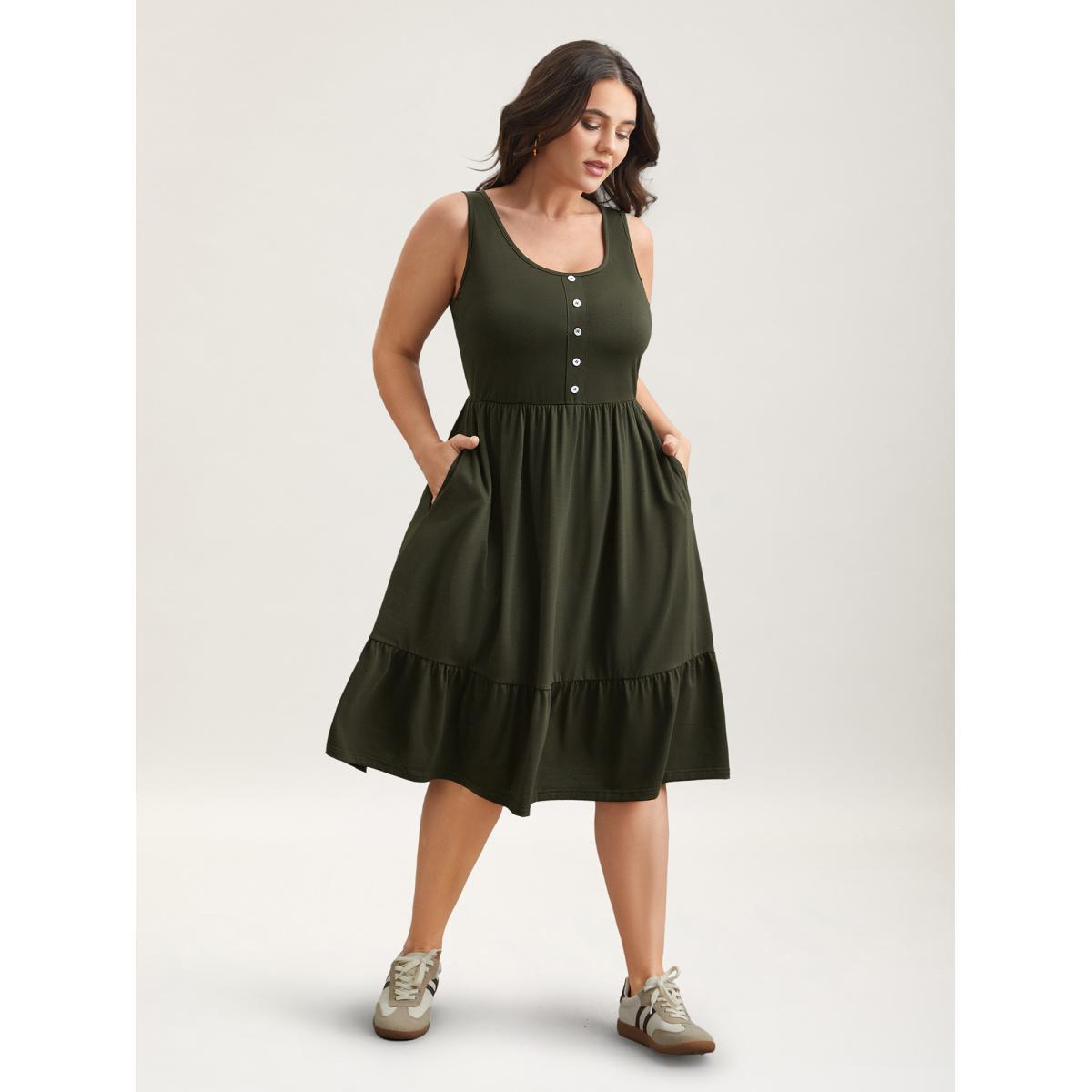 Plus Size Supersoft Stretchy Waist Pockets Midi Dress ArmyGreen Women Casual Button Knit Dresses Bloomchic 10/M Product Image