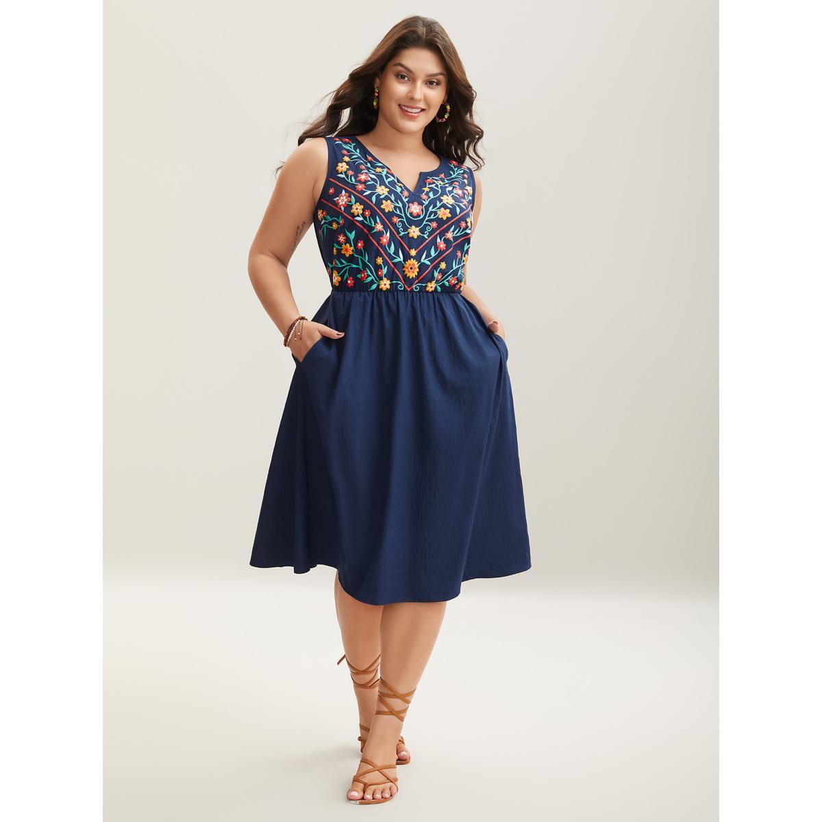 Plus Size Imitation Embroidery Woven Sleeveless Midi Dress Navy Women Asymmetrical Neck Sleeveless Curvy BloomChic 10/M Product Image