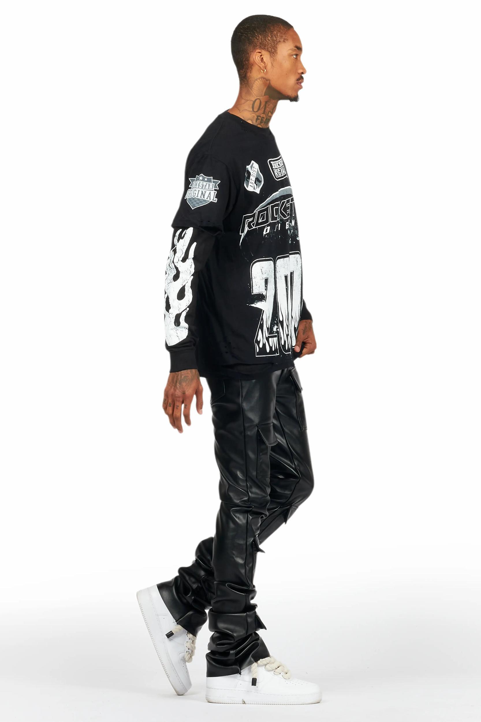 Petrus Jet Black PU Stacked Flare Leather Jean Male Product Image