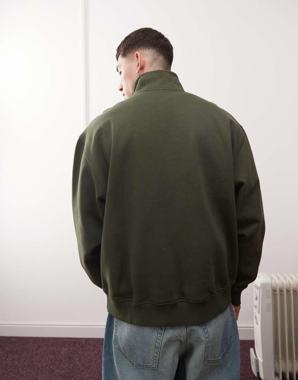 Weekday oversized heavyweight jersey half zip sweatshirt in khaki Product Image
