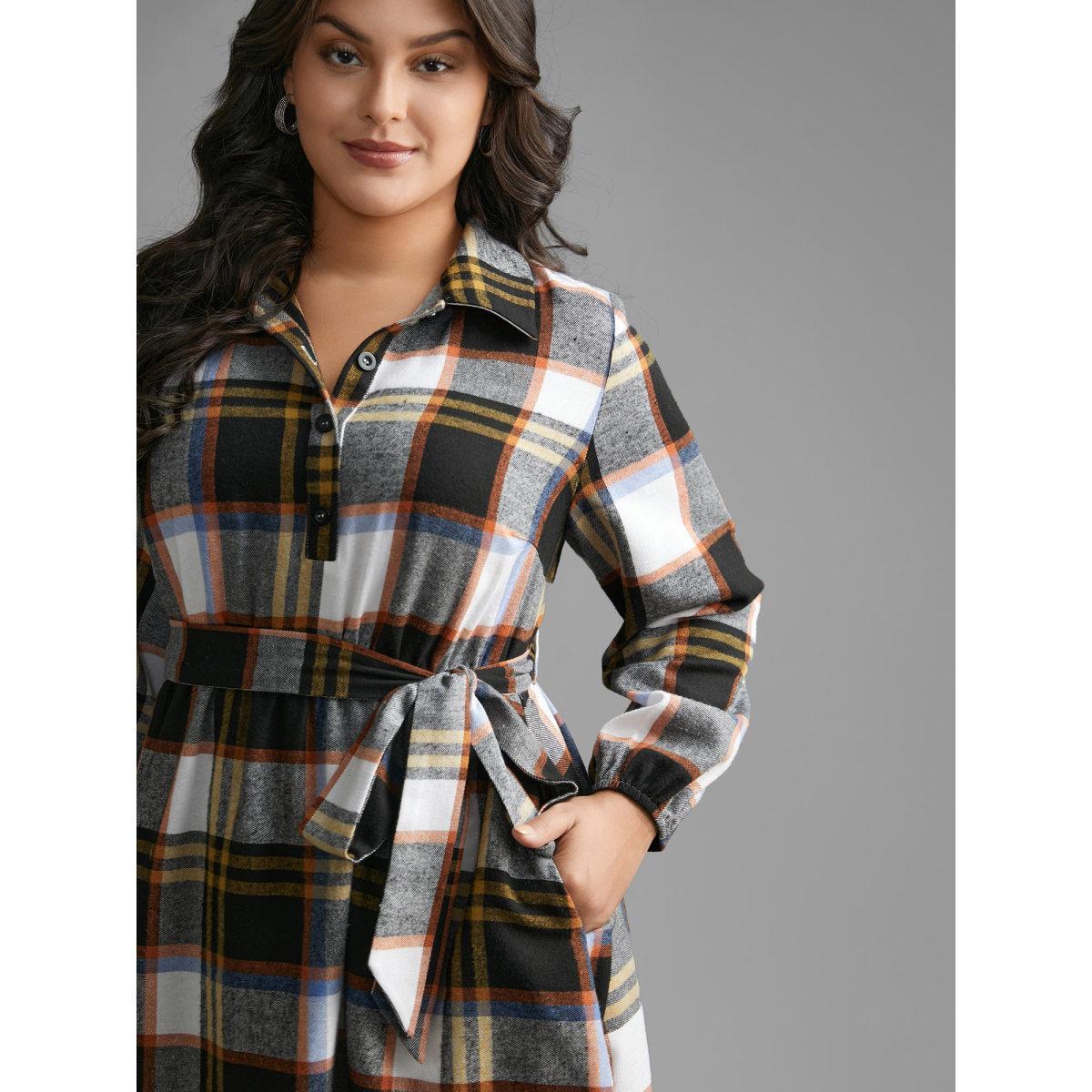 Plus Size Plaid Button Up Belted Knit Dress Multicolor Women At the Office Belted Knit Dresses Bloomchic 12/L Product Image