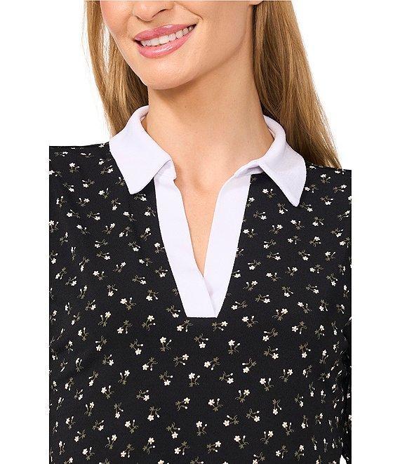 CeCe Floral Print Johnny Collar Short Puff Sleeve Contrast Trim Polo Top Product Image