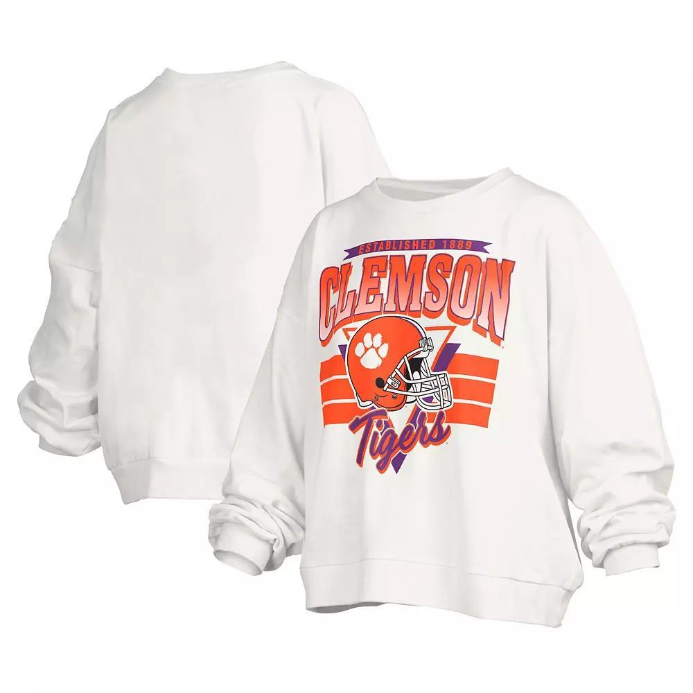 Women's Pressbox White Clemson Tigers Janice Retro Logo Oversized Pullover Sweatshirt, Size: Small Product Image